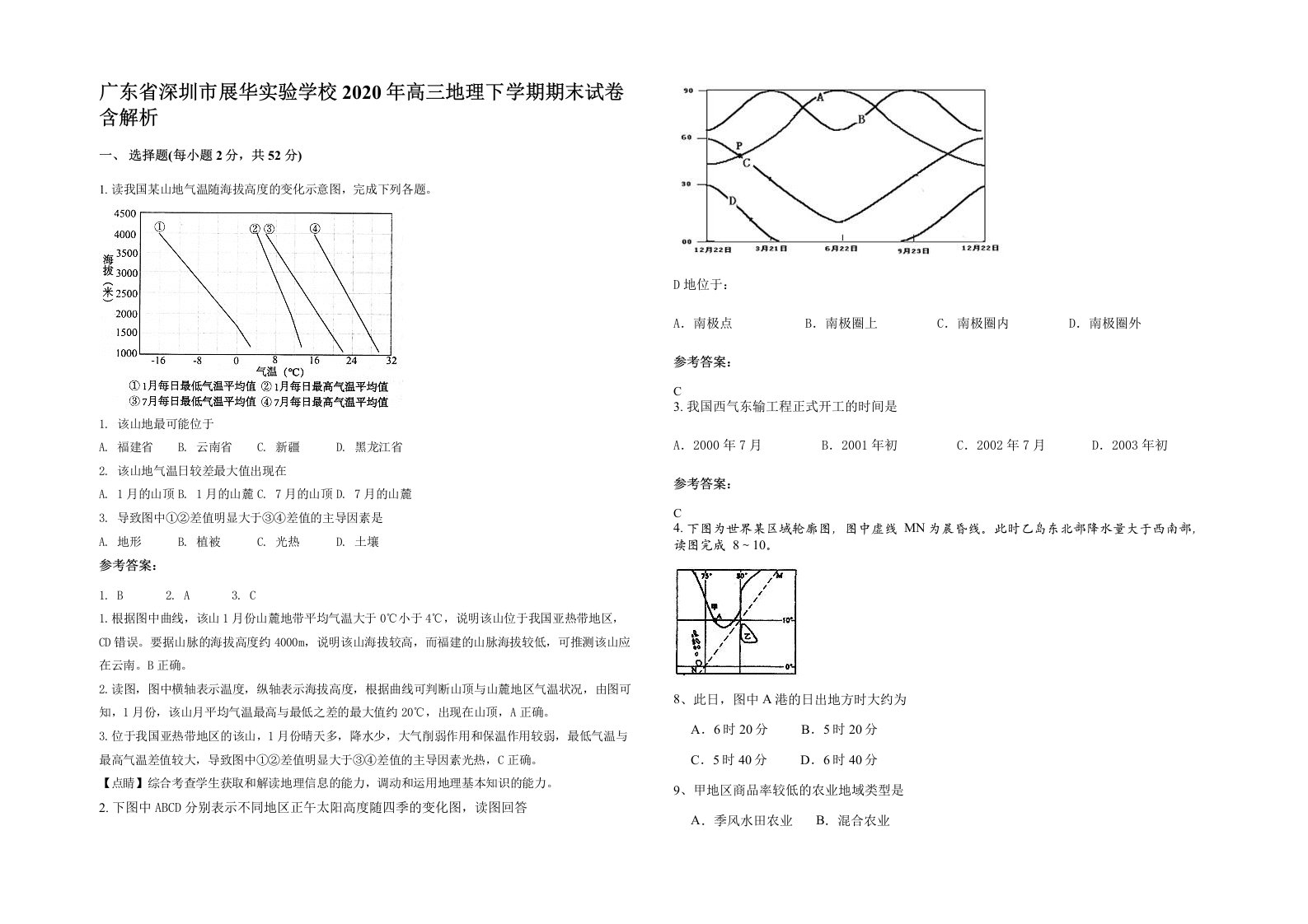 广东省深圳市展华实验学校2020年高三地理下学期期末试卷含解析