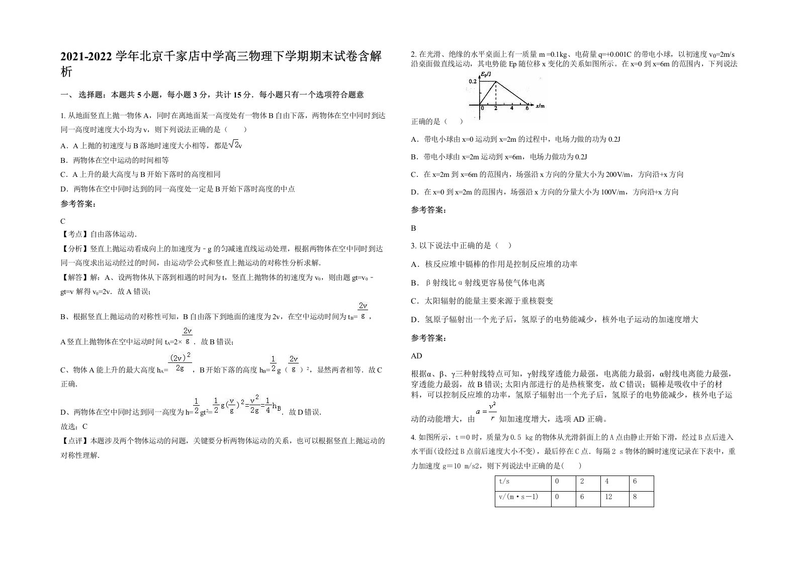 2021-2022学年北京千家店中学高三物理下学期期末试卷含解析