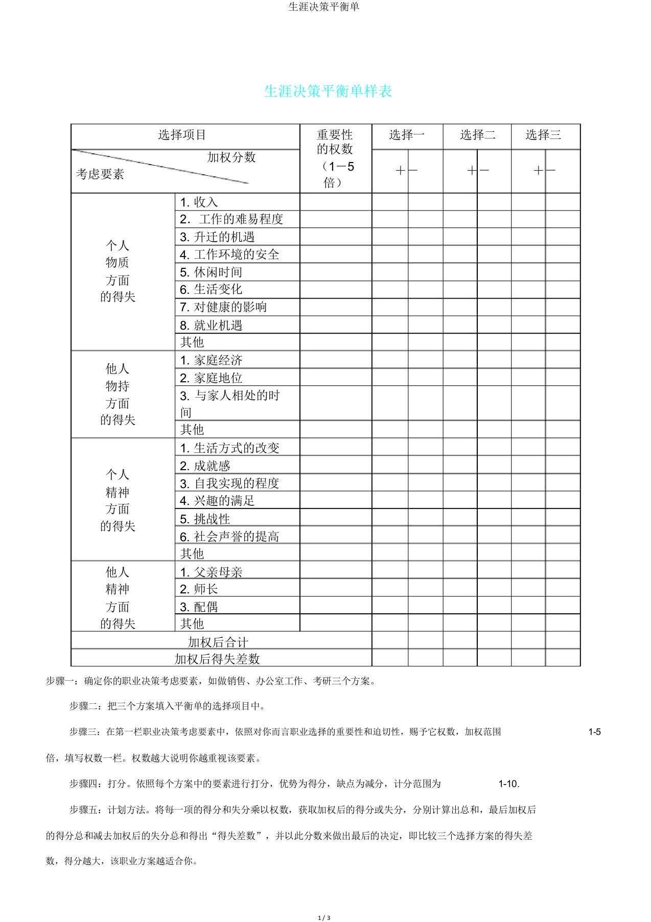 生涯决策平衡单