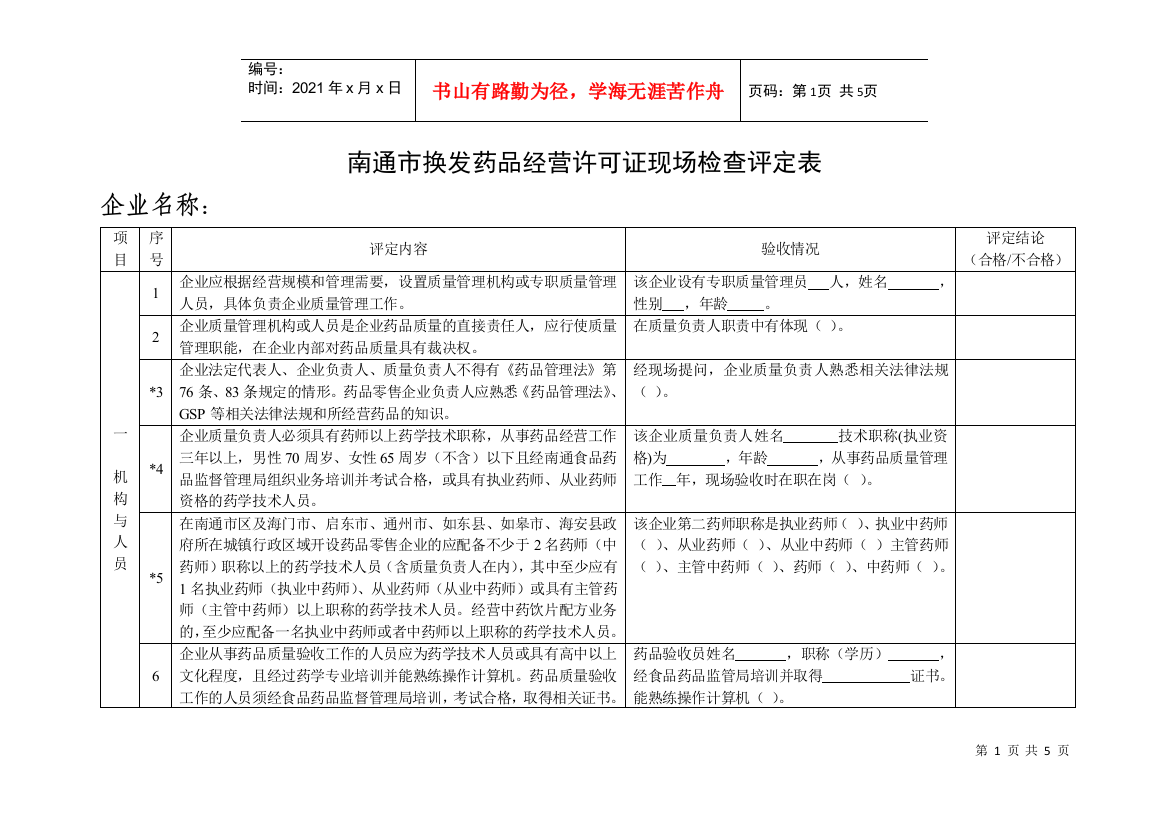 南通市开办药品零售企业现场验收评定表（试行）