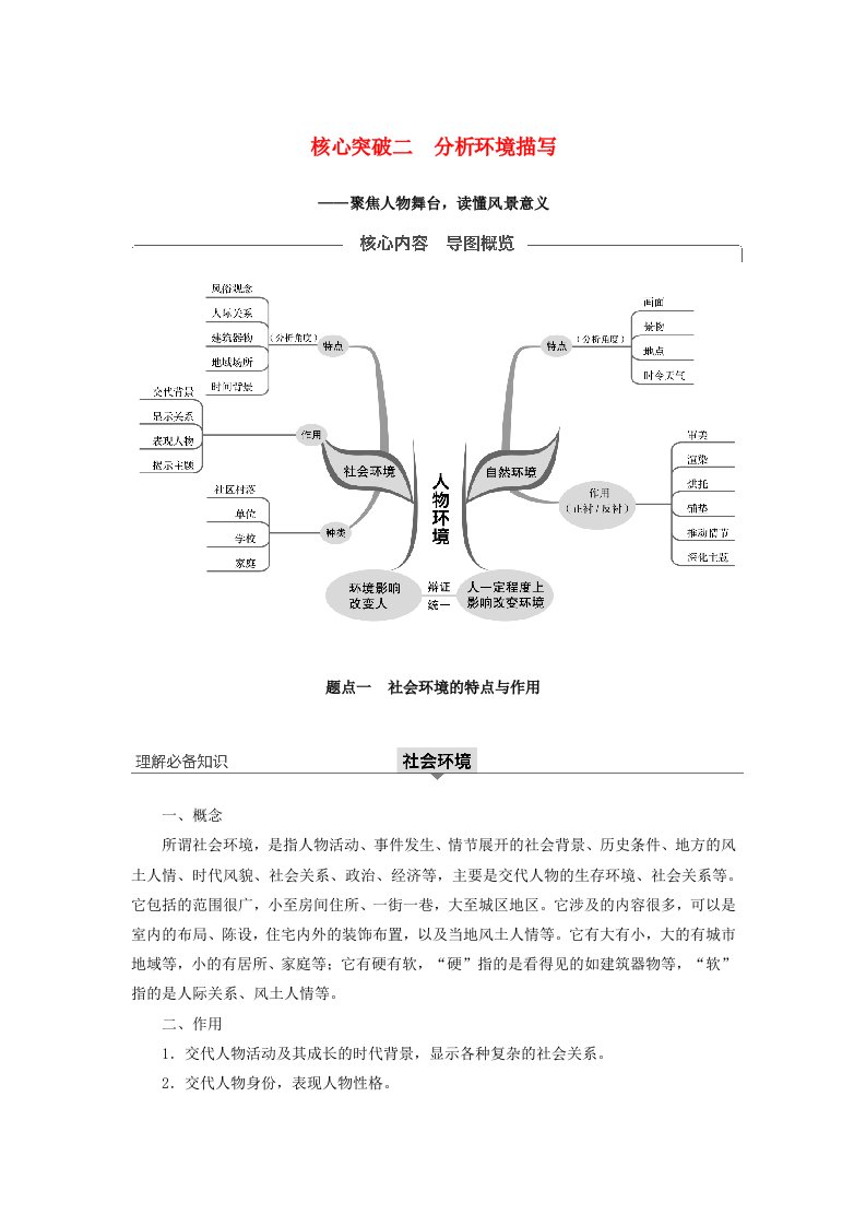 江苏专用2020版高考语文新增分大一轮复习第六章文学类阅读小说阅读专题三核心突破二分析环境描写讲义含解析