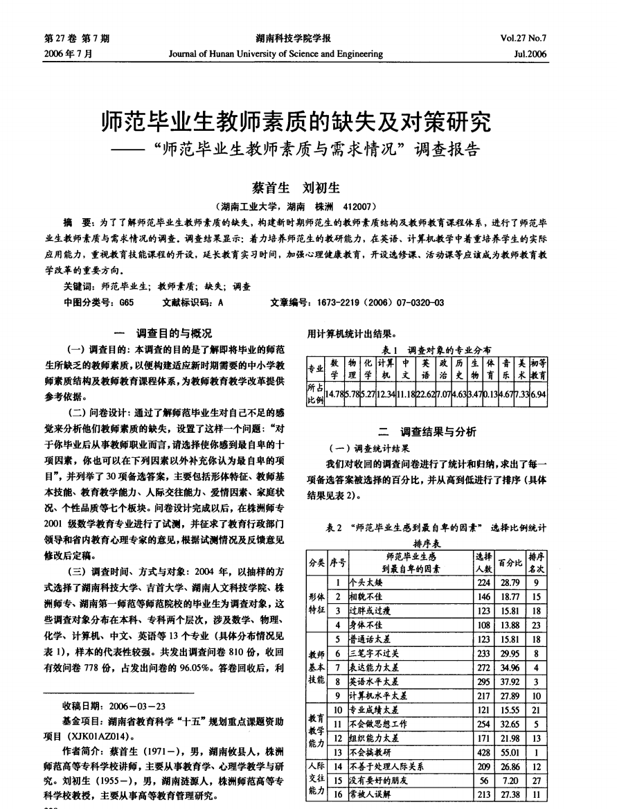 师范毕业生教师素质的缺失及对策研究——“师范毕业生教师素质与需求情况”调查报告