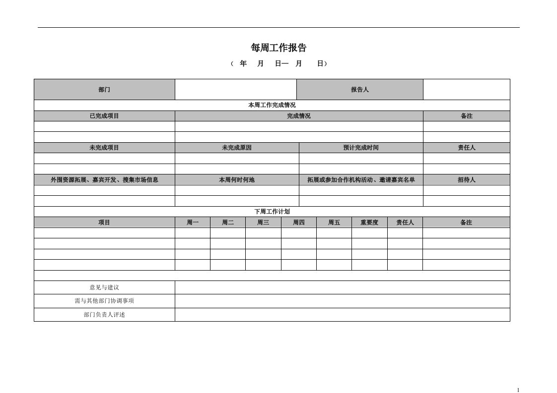 市场部工作周报模板1