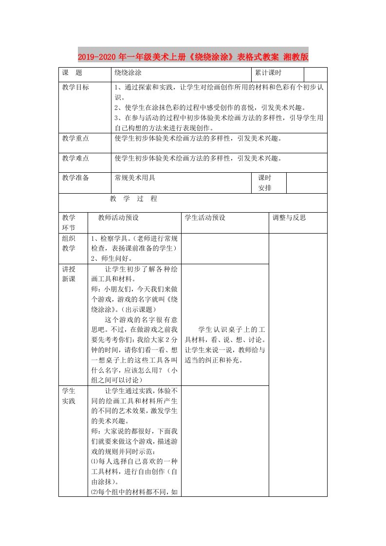 2019-2020年一年级美术上册《绕绕涂涂》表格式教案