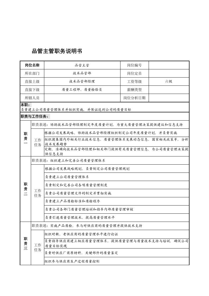 宁波华能贸易公司品质管理部品管主管职务说明书