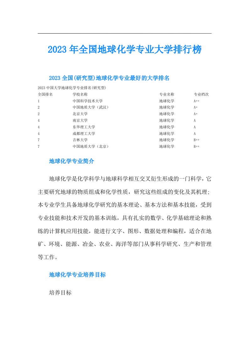 全国地球化学专业大学排行榜