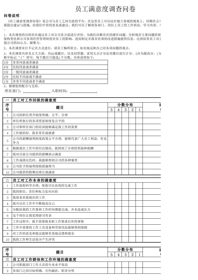 员工满意度调查问卷(模版)