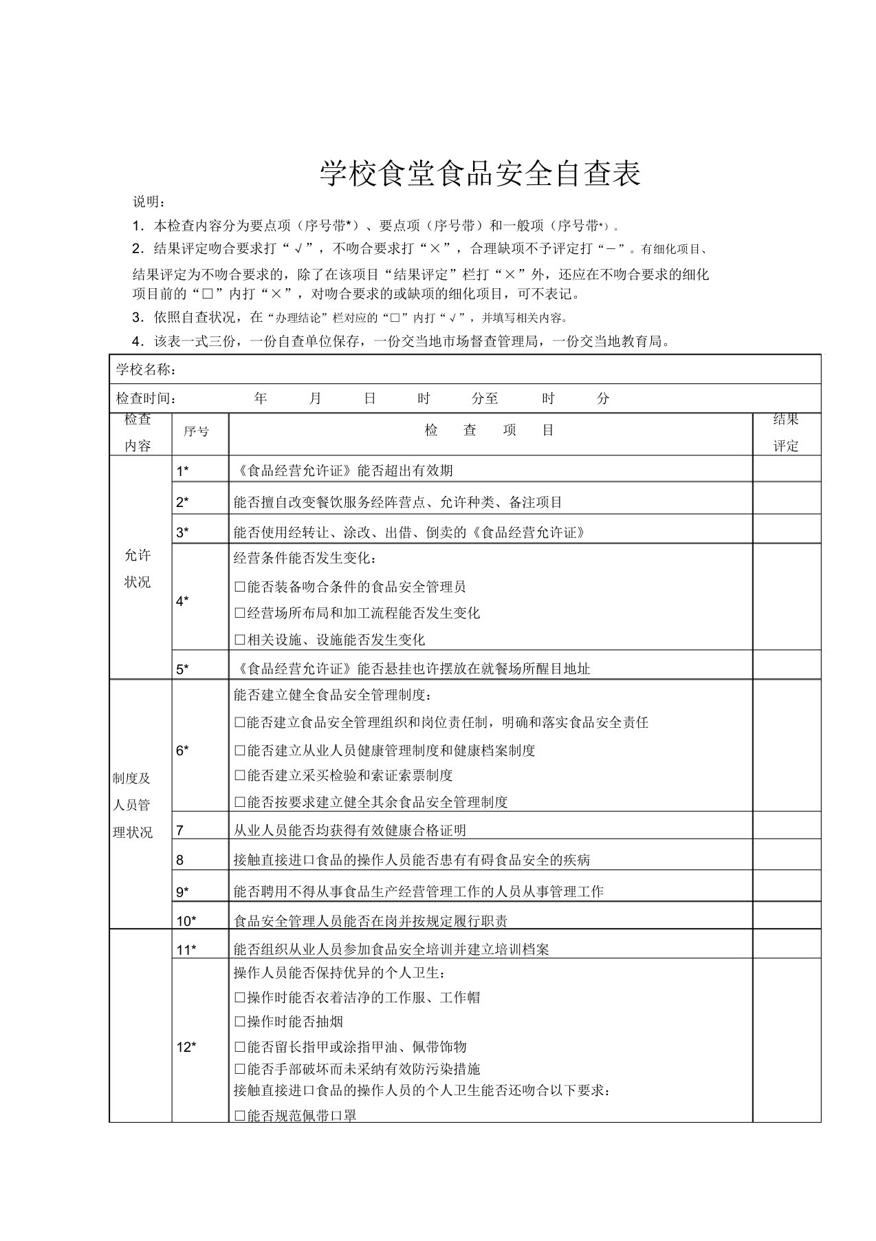 学校幼儿园食堂食品安全自查表