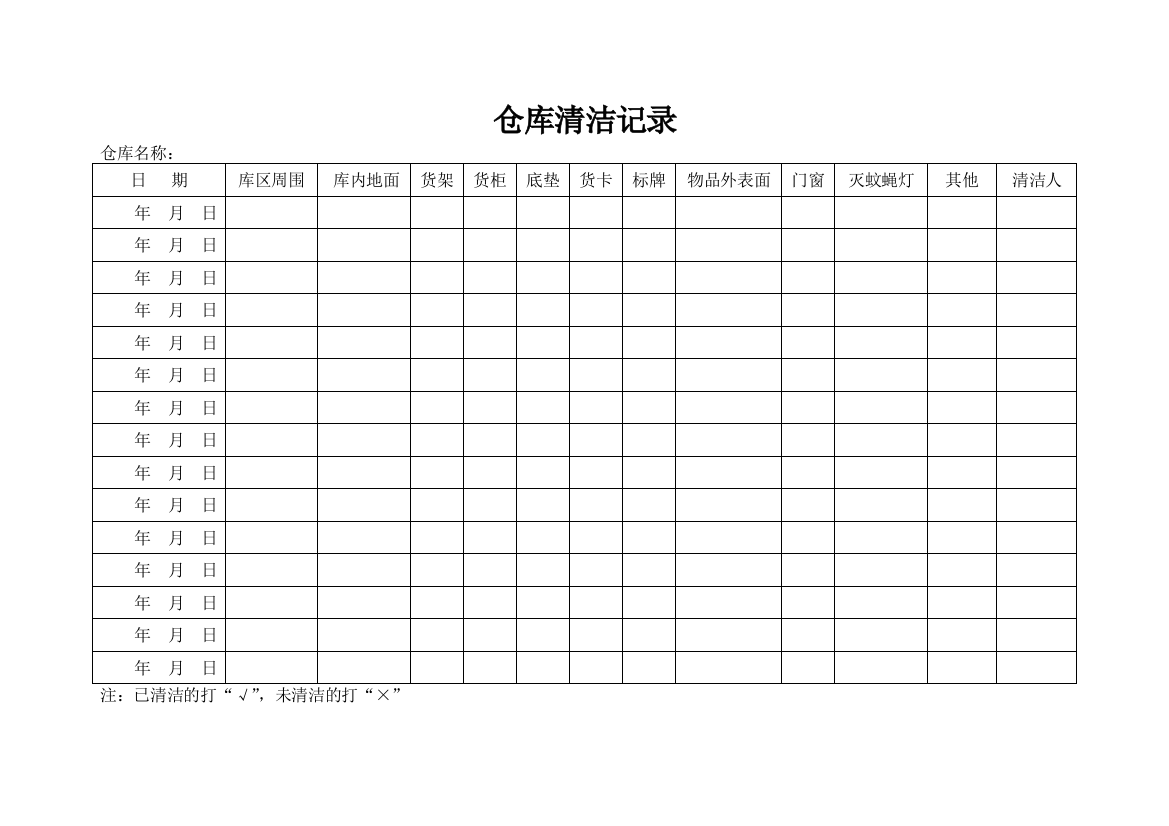 (完整版)仓库清洁记录表