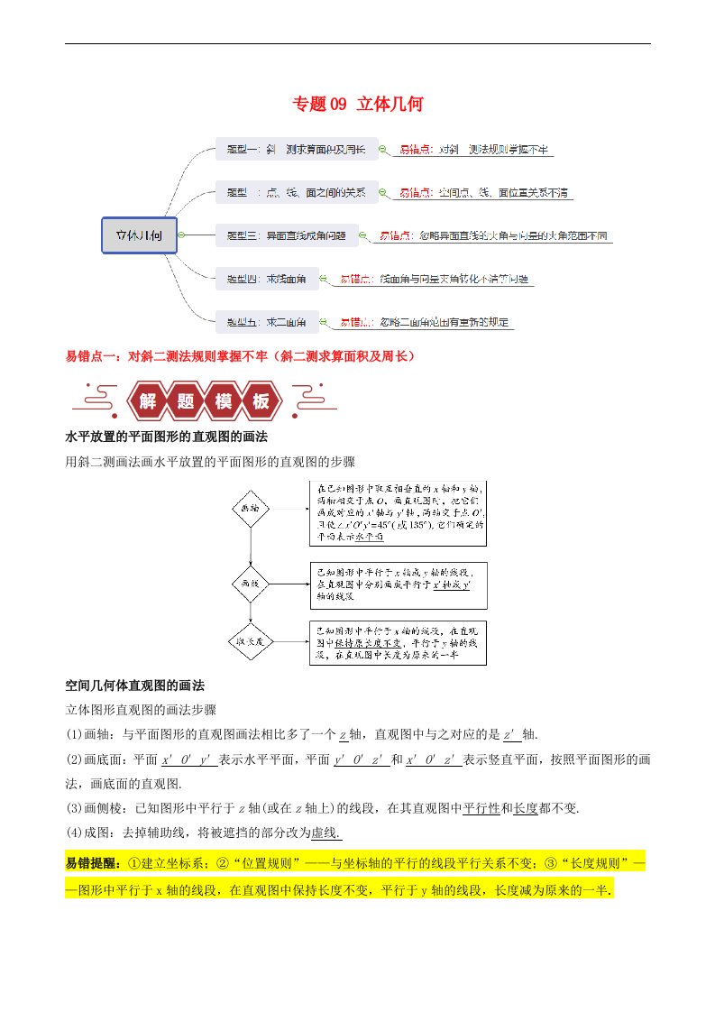 新高考专用备战2024年高考数学易错题精选专题09立体几何学生版