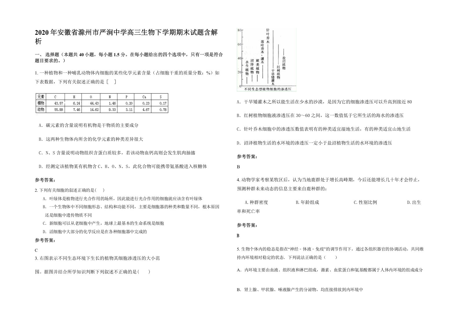 2020年安徽省滁州市严涧中学高三生物下学期期末试题含解析