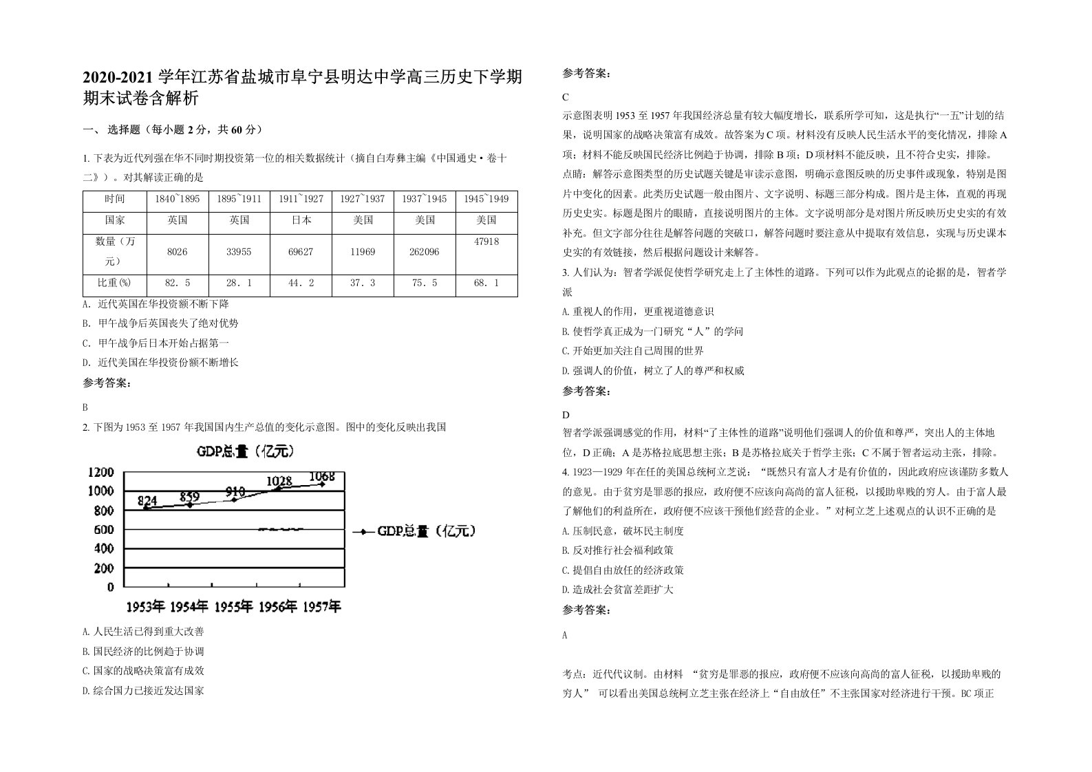 2020-2021学年江苏省盐城市阜宁县明达中学高三历史下学期期末试卷含解析