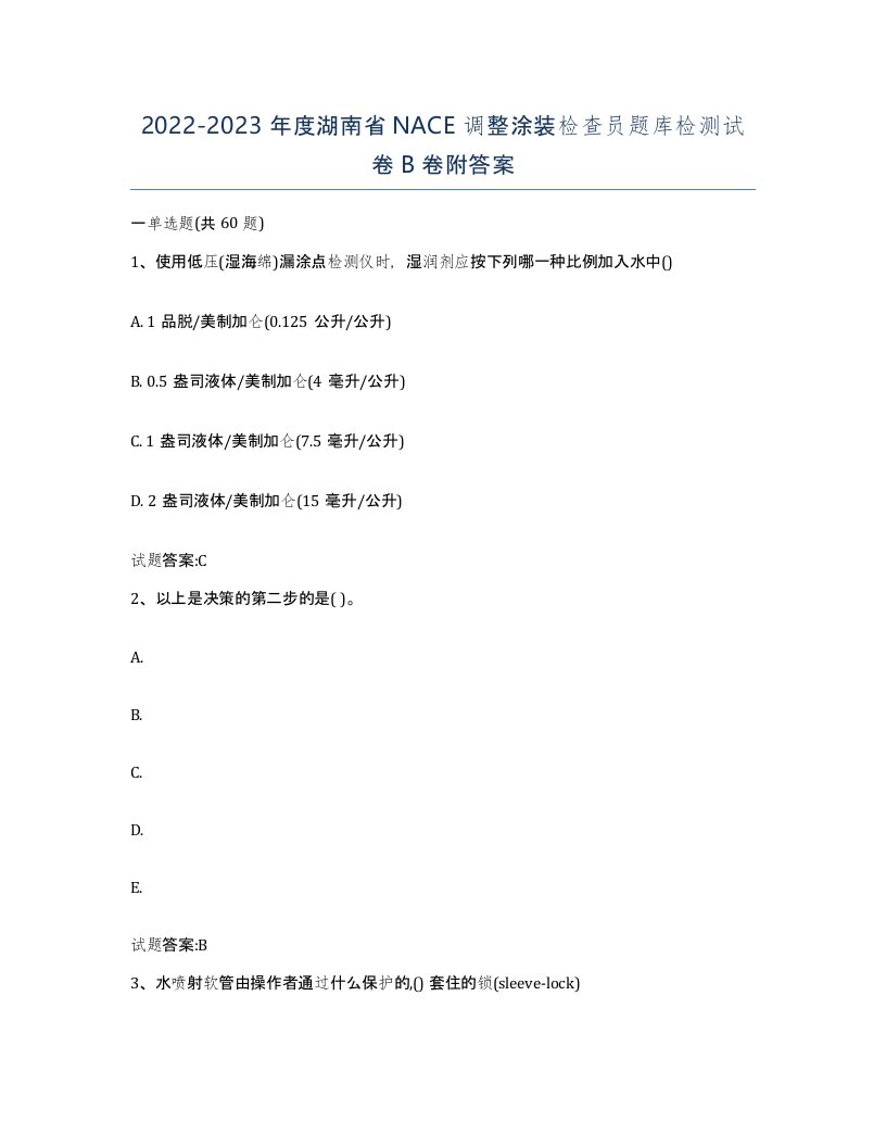 20222023年度湖南省NACE调整涂装检查员题库检测试卷B卷附答案