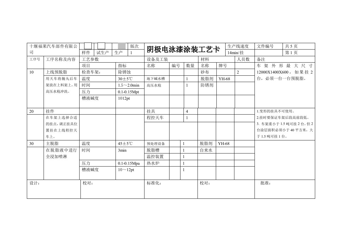 阴极电泳线工艺卡doc