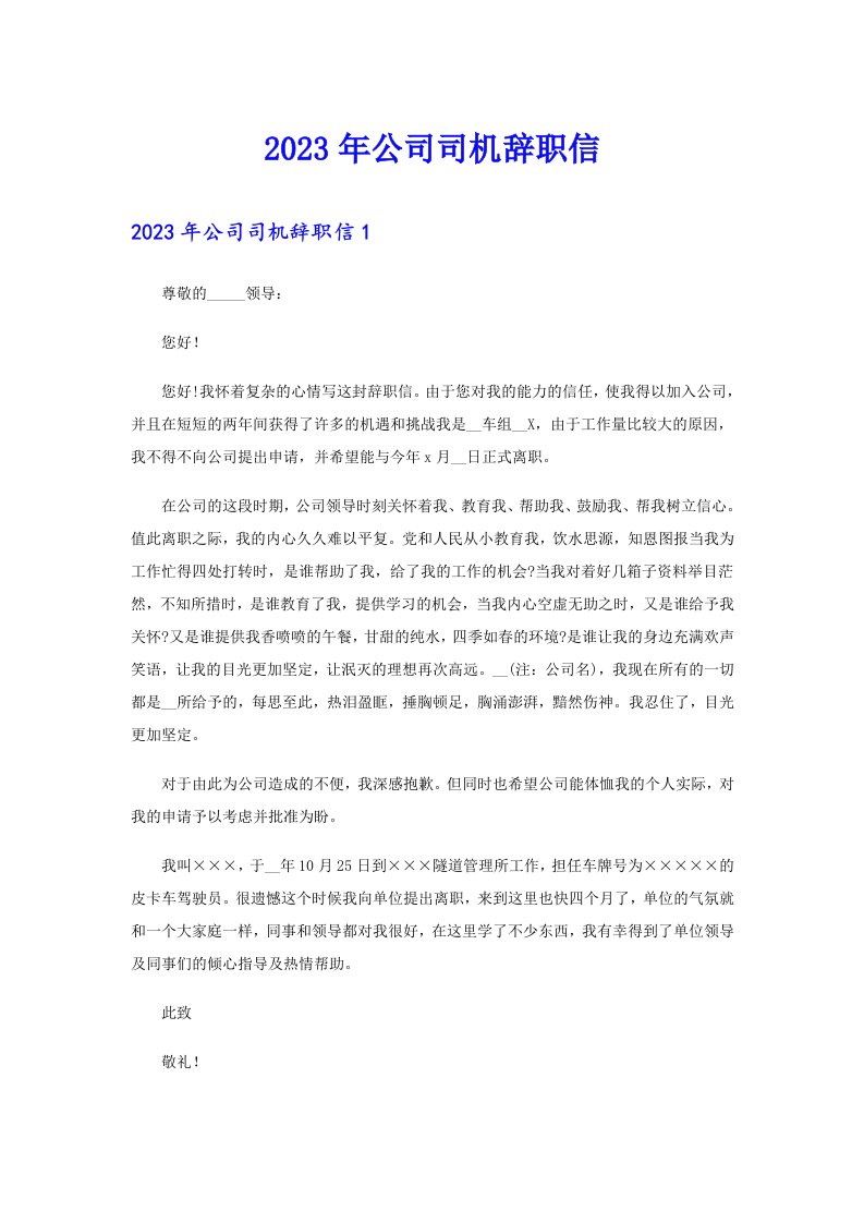 2023年公司司机辞职信