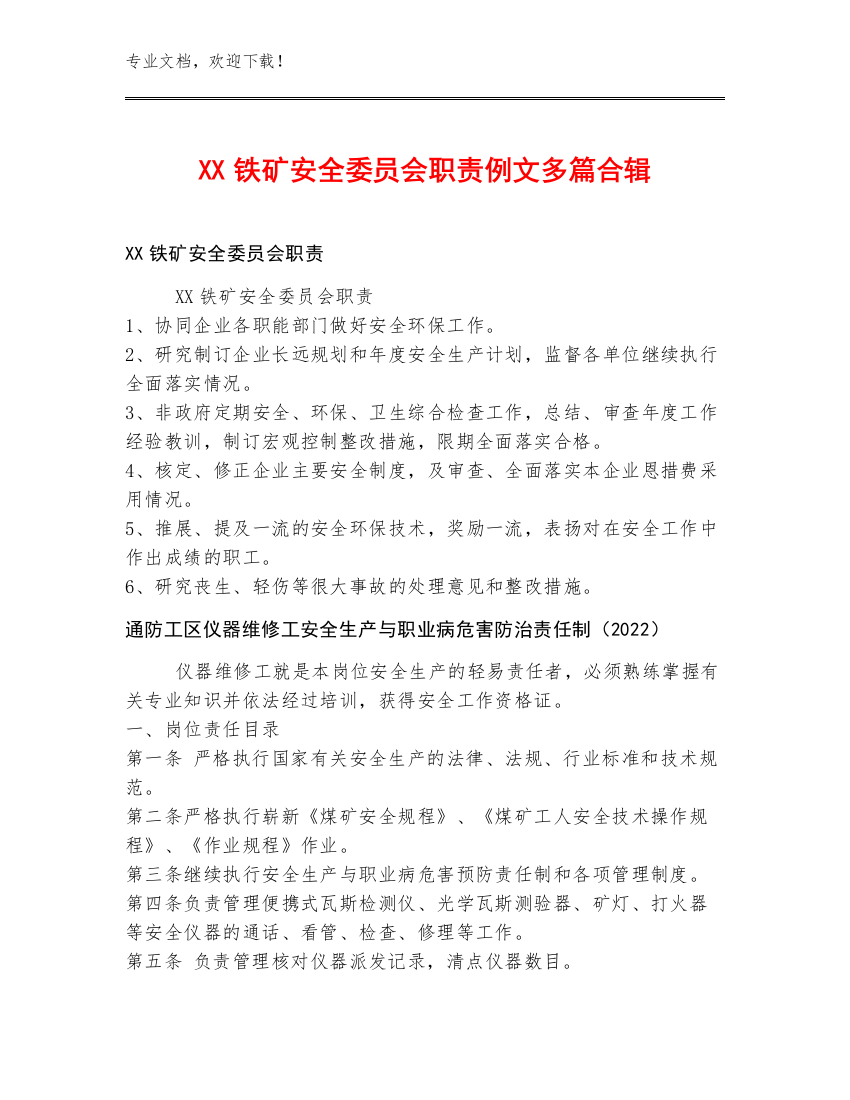 XX铁矿安全委员会职责例文多篇合辑