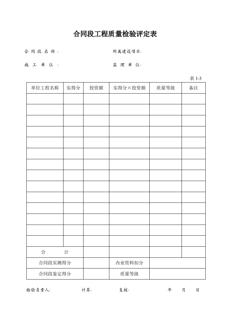 合同段工程质量检验评定表