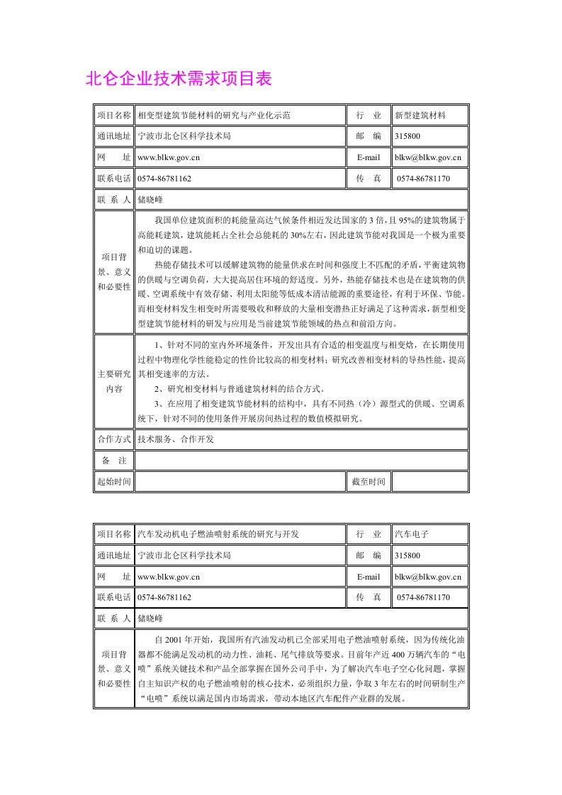 北仑企业技术需求项目表-北京建筑工程学院