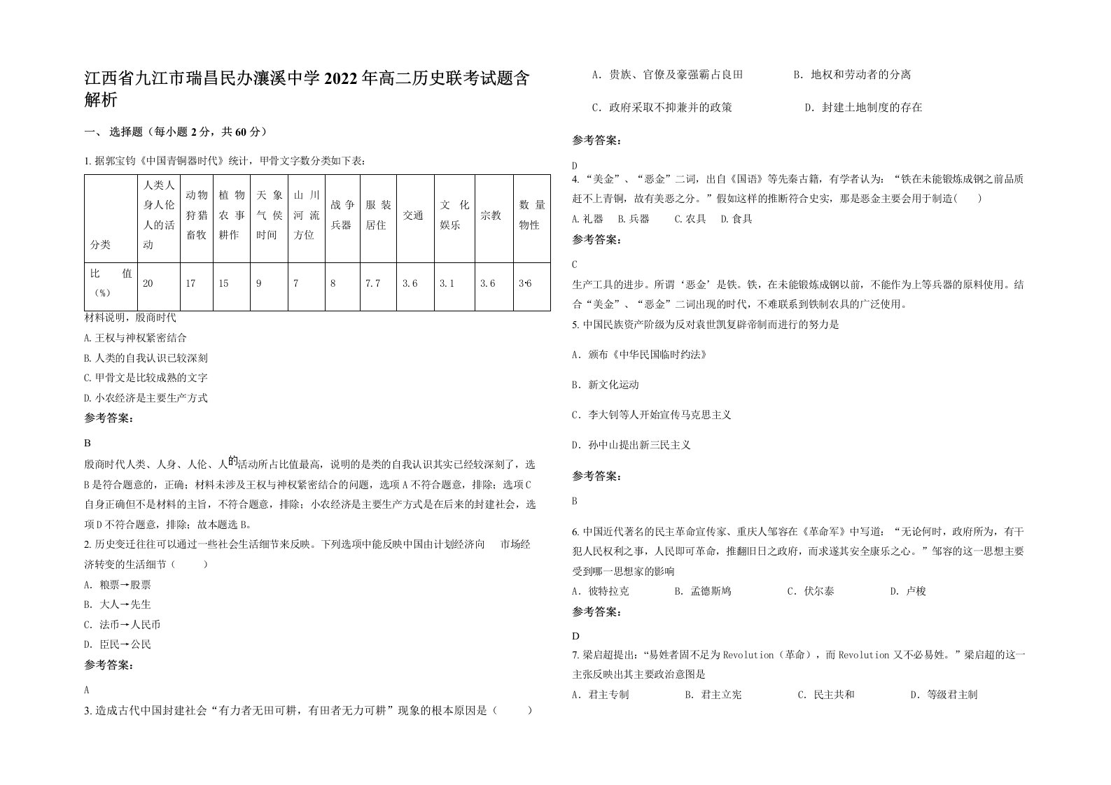 江西省九江市瑞昌民办瀼溪中学2022年高二历史联考试题含解析