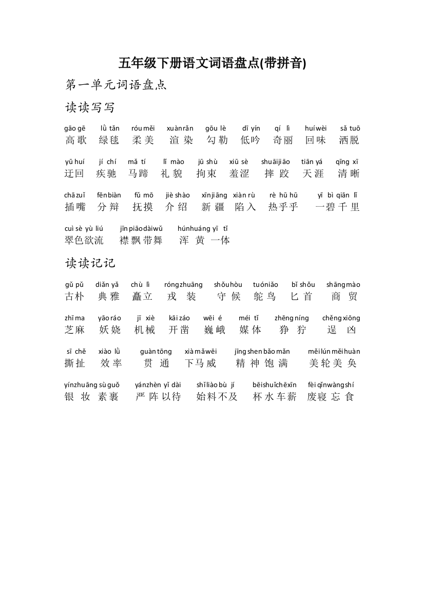 五年级下册语文词语盘点带拼音