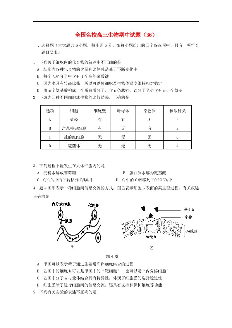 全国名校高三生物期中试题（36）