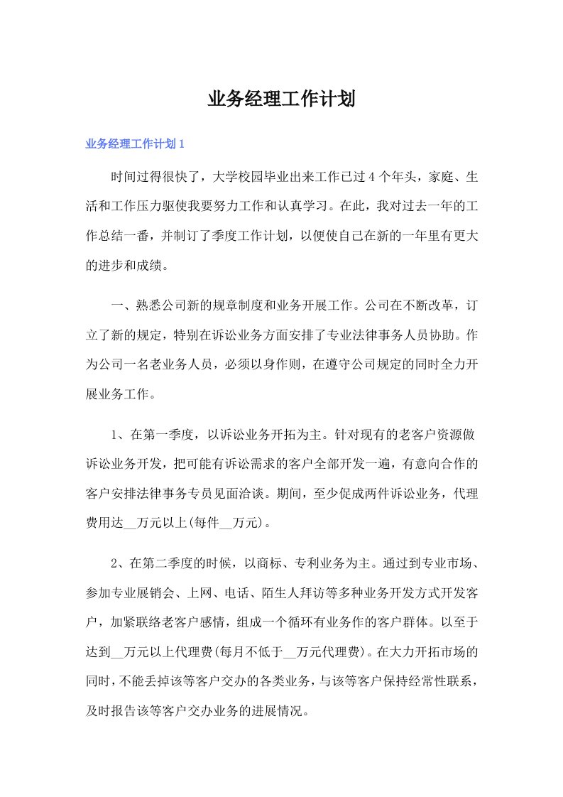 业务经理工作计划