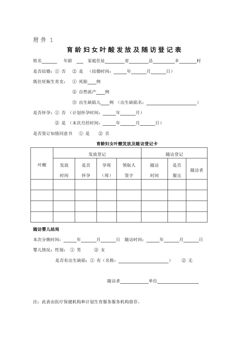 叶酸发放及随访登记表