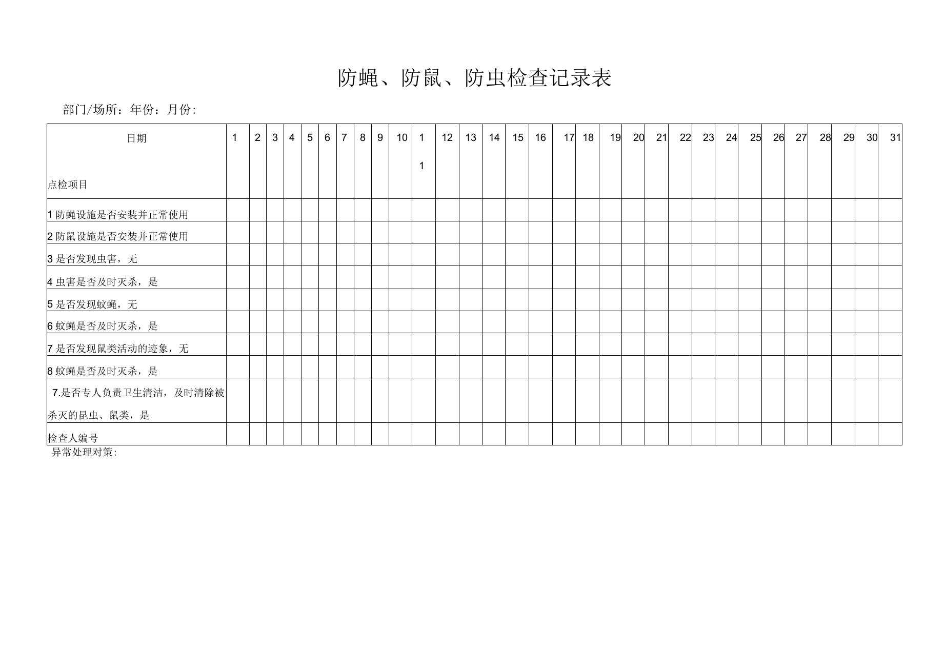 防蝇、防鼠、防虫检查记录表