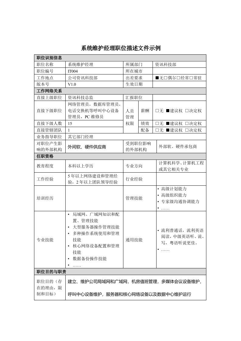 资讯科技部系统维护经理岗位说明书