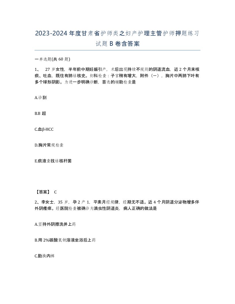 2023-2024年度甘肃省护师类之妇产护理主管护师押题练习试题B卷含答案