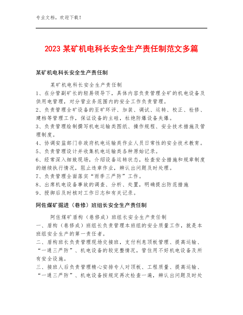 2023某矿机电科长安全生产责任制范文多篇