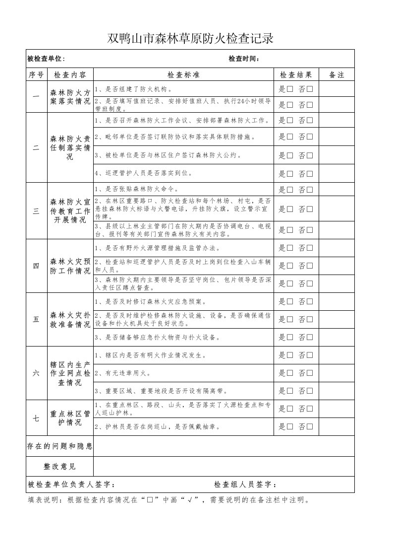 双鸭山市森林防火检查记录表