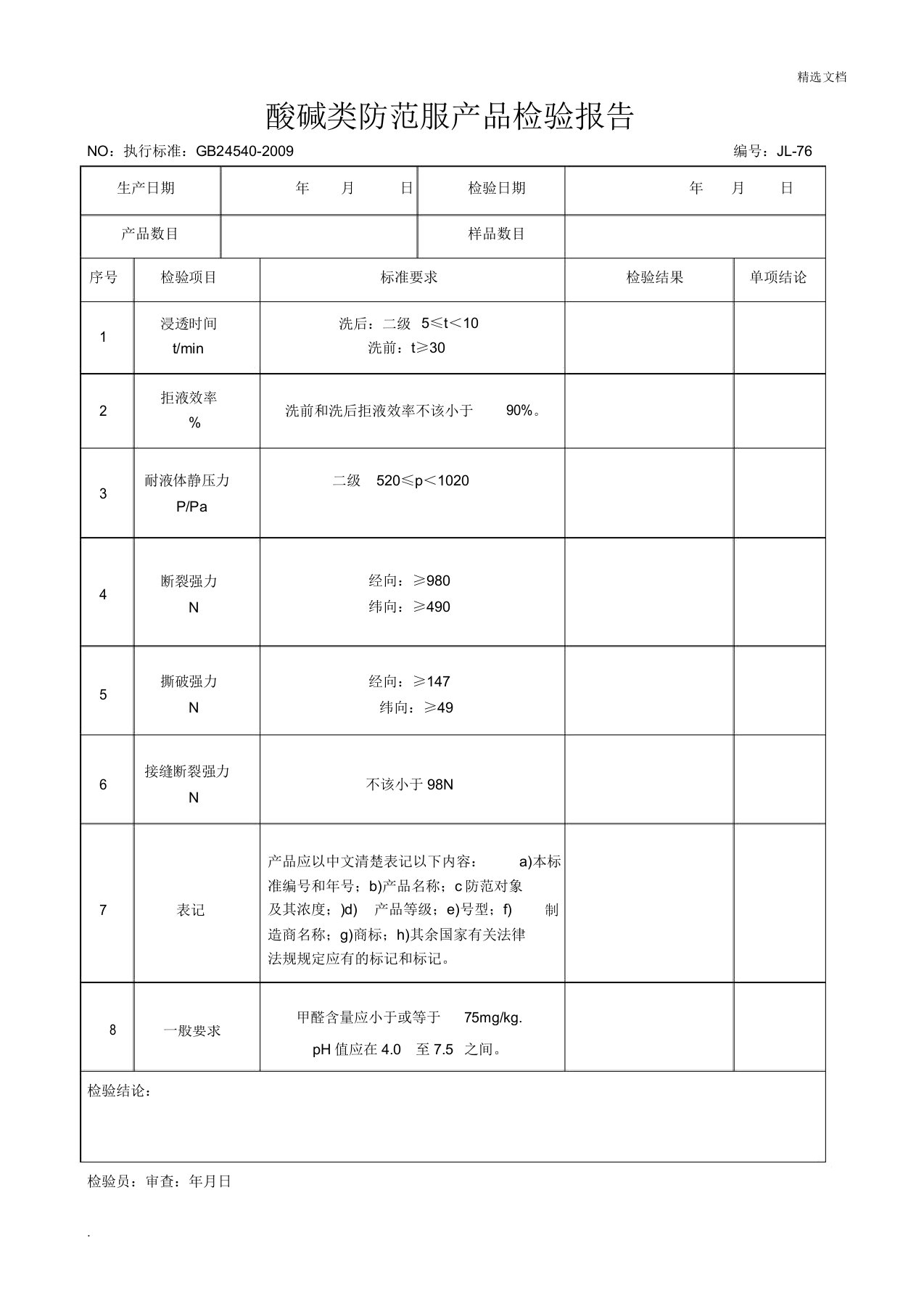 酸碱类防护服产品检验报告