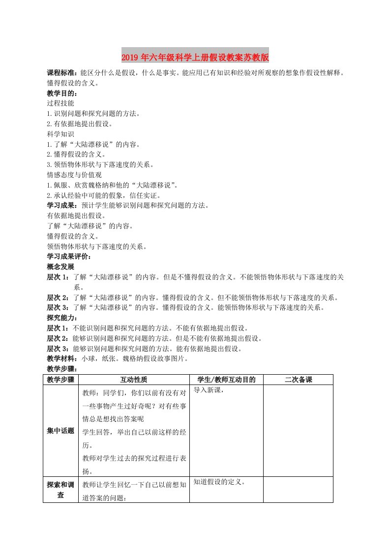 2019年六年级科学上册假设教案苏教版