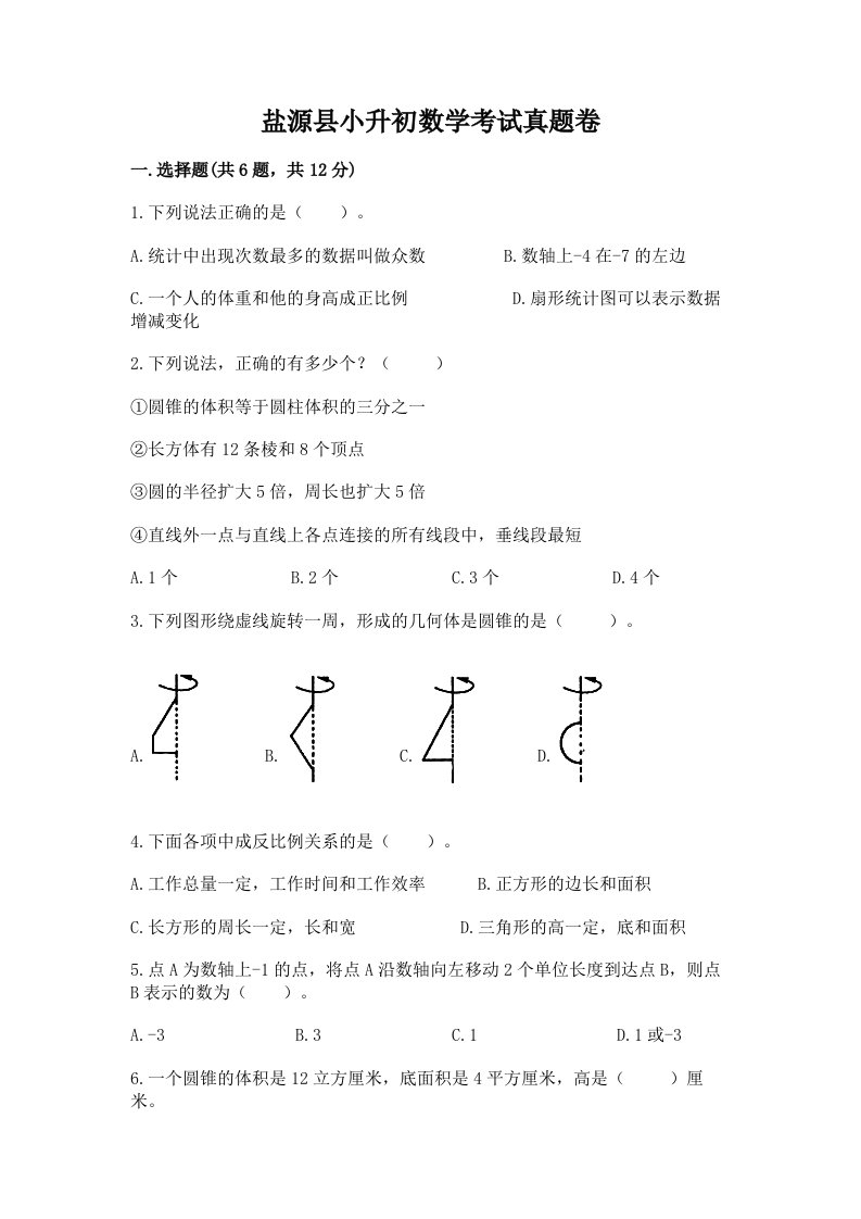 盐源县小升初数学考试真题卷最新