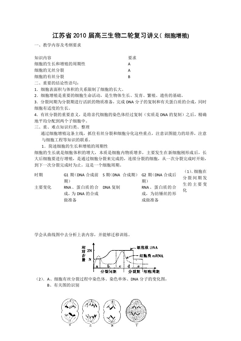 江苏省高三生物二轮复习讲义(细胞增殖)