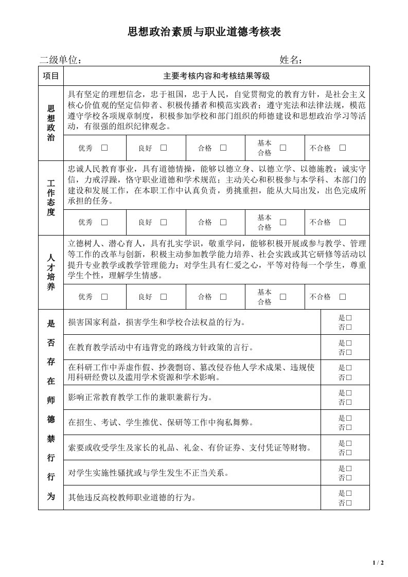 思想政治素质和职业道德考核表