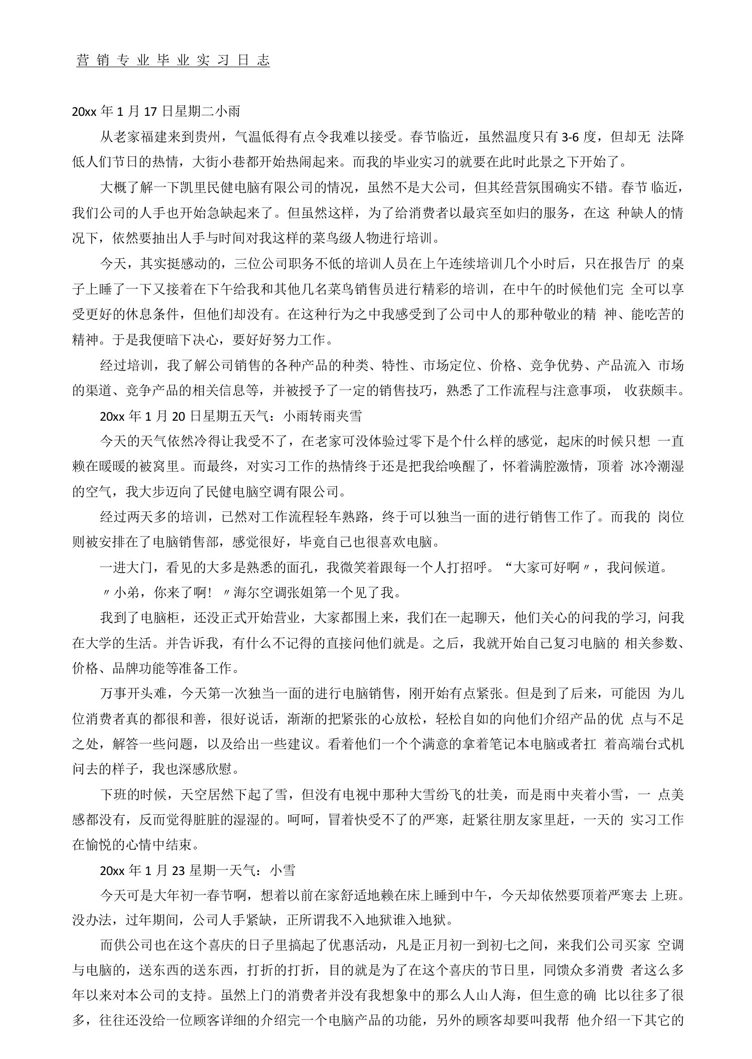 营销专业毕业实习日志