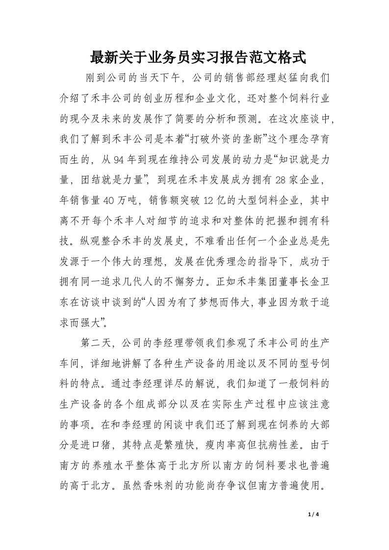 最新关于业务员实习报告范文格式