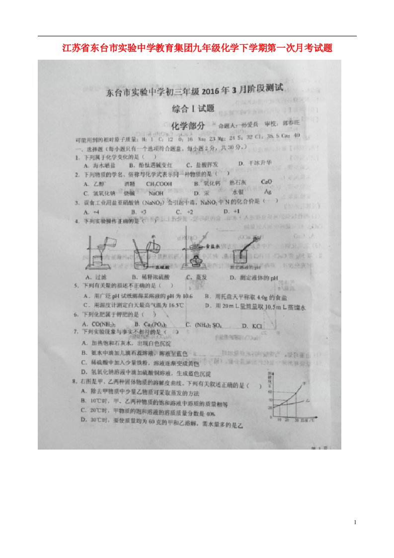 江苏省东台市实验中学教育集团九级化学下学期第一次月考试题（扫描版）