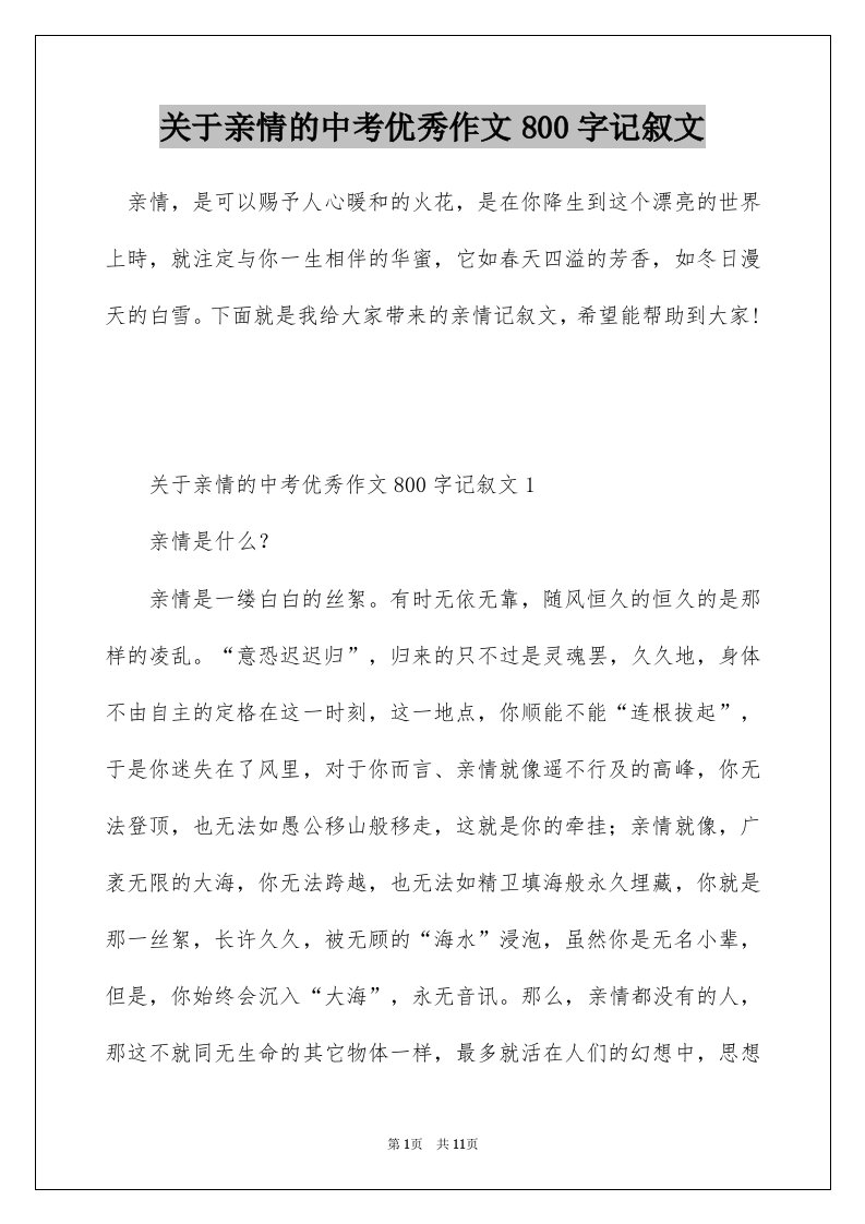 关于亲情的中考优秀作文800字记叙文