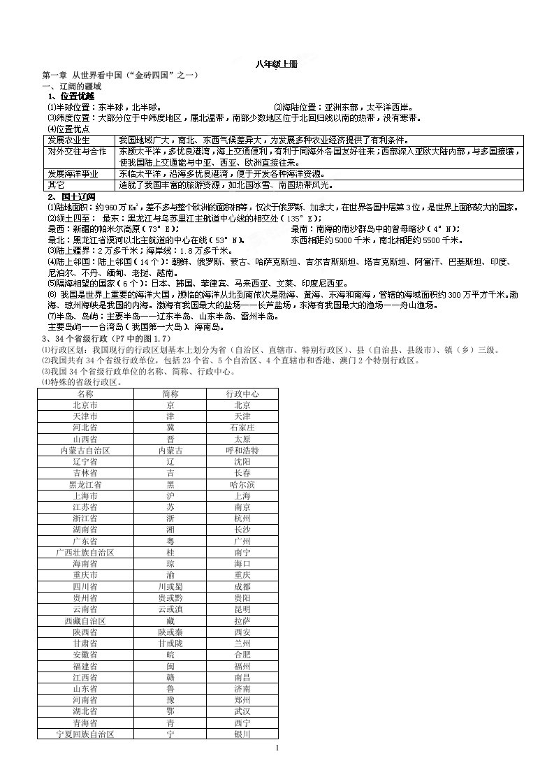 湘教版八年级上册地理知识点汇总