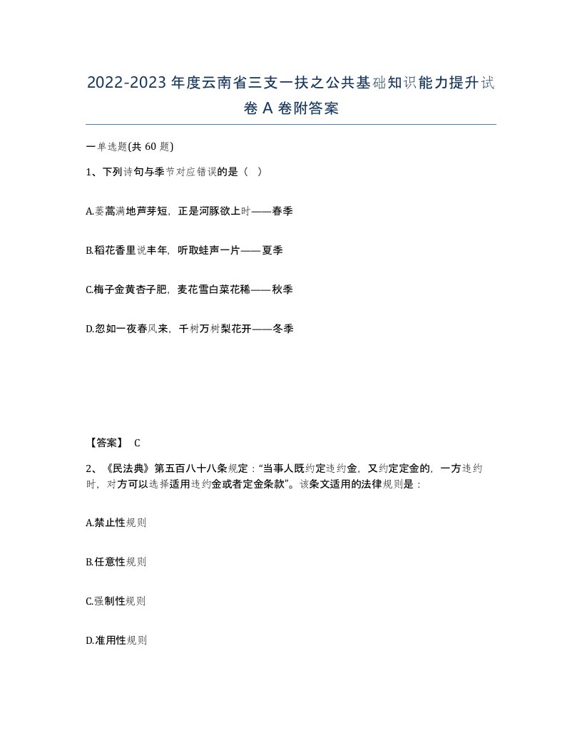 2022-2023年度云南省三支一扶之公共基础知识能力提升试卷A卷附答案