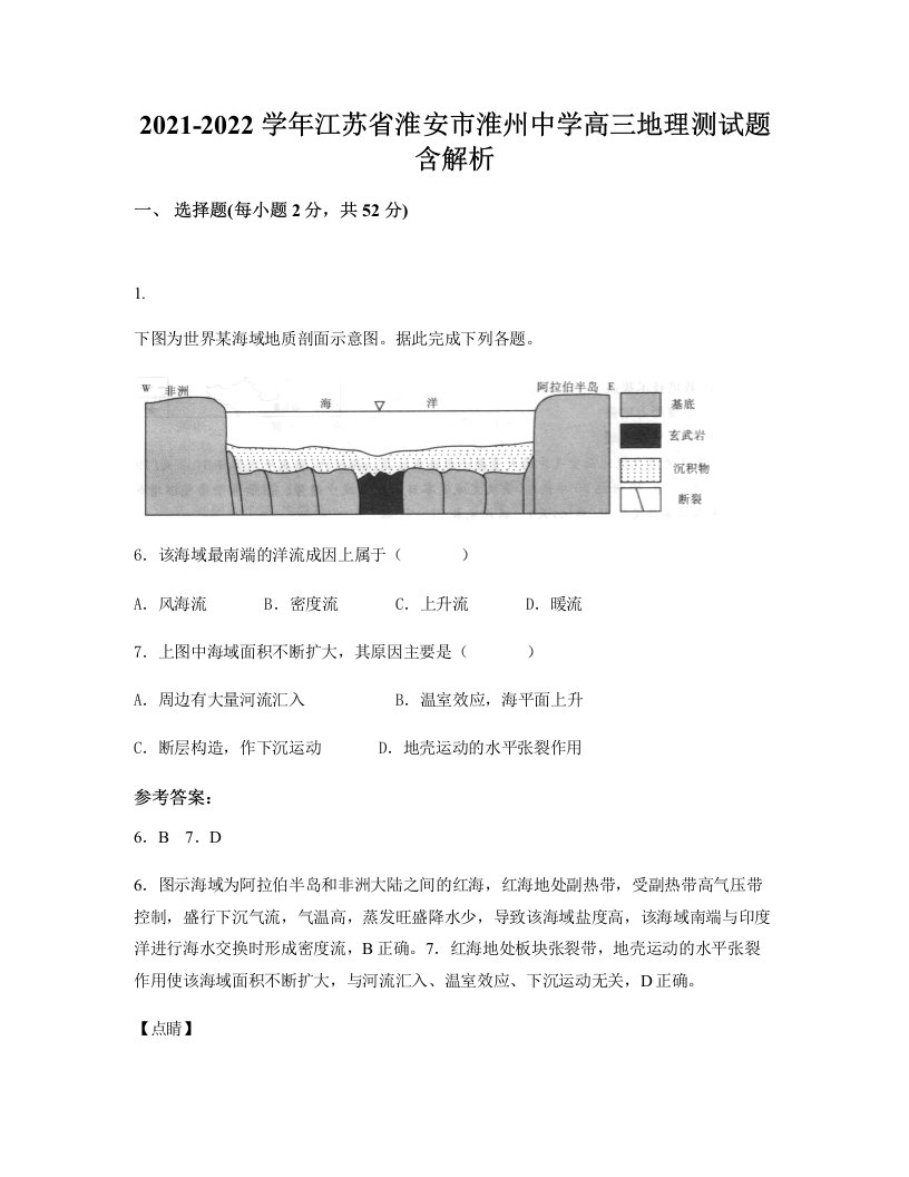 2021-2022学年江苏省淮安市淮州中学高三地理测试题含解析