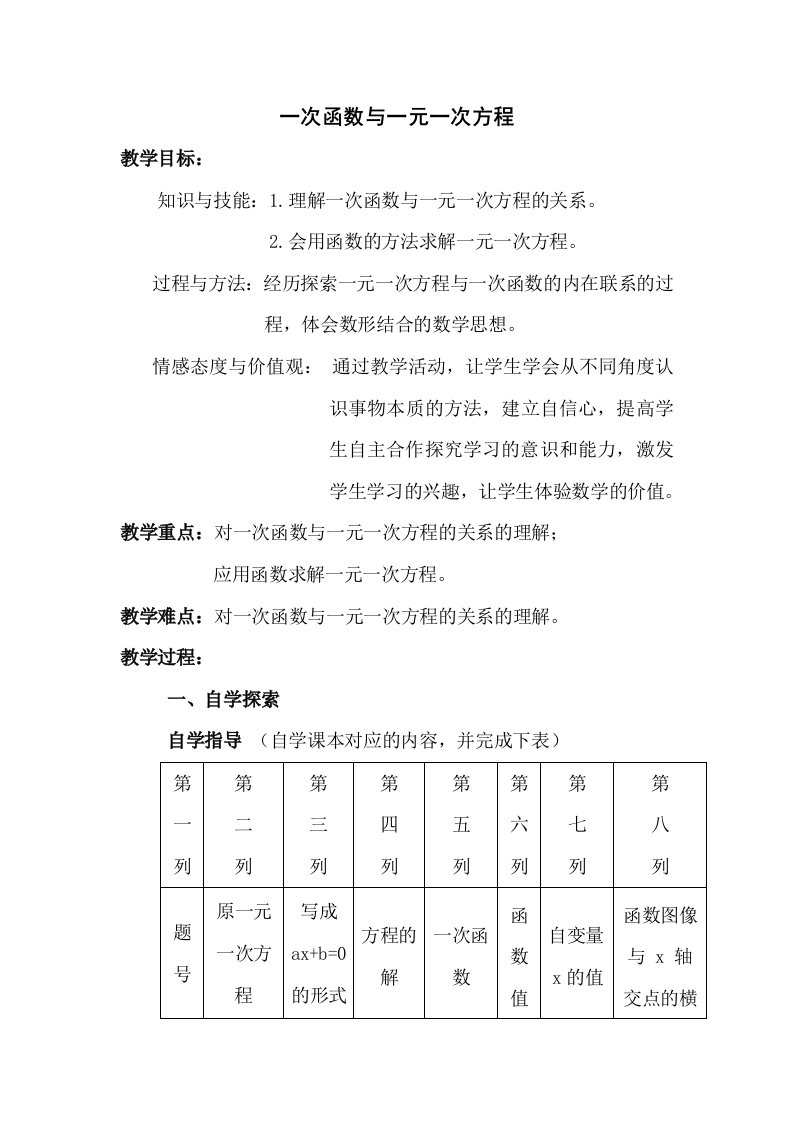 一次函数与一元一次方程教学设计