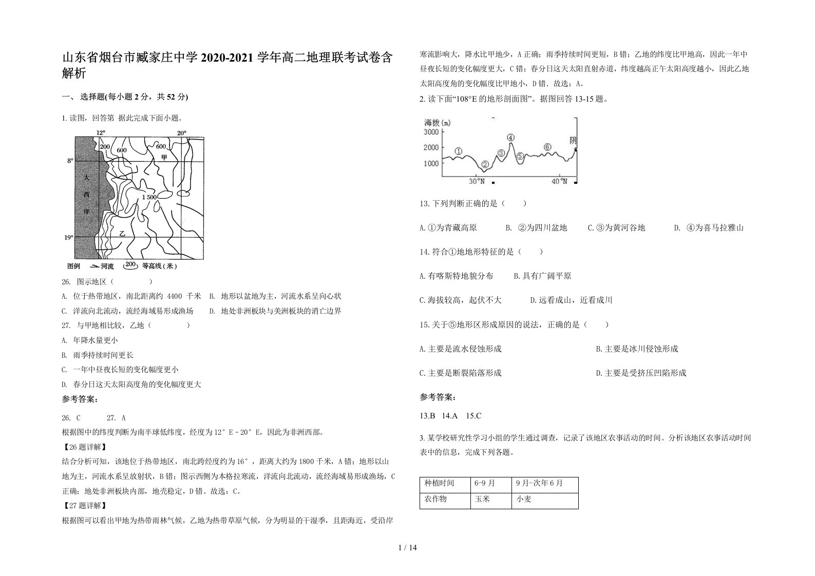 山东省烟台市臧家庄中学2020-2021学年高二地理联考试卷含解析