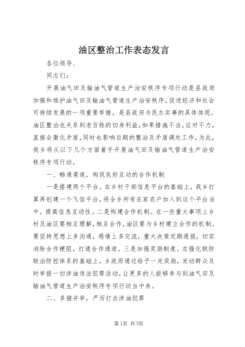 油区整治工作表态发言