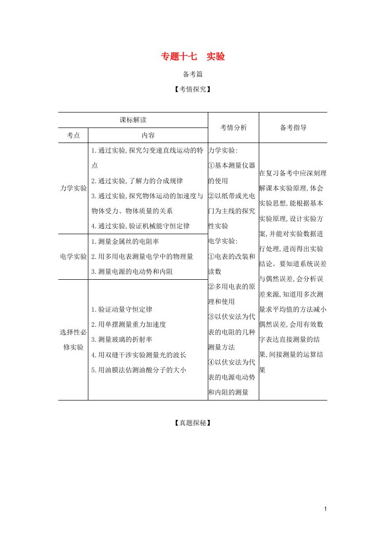 山东专用2022年高考物理一轮复习专题十七实验_基础集训含解析