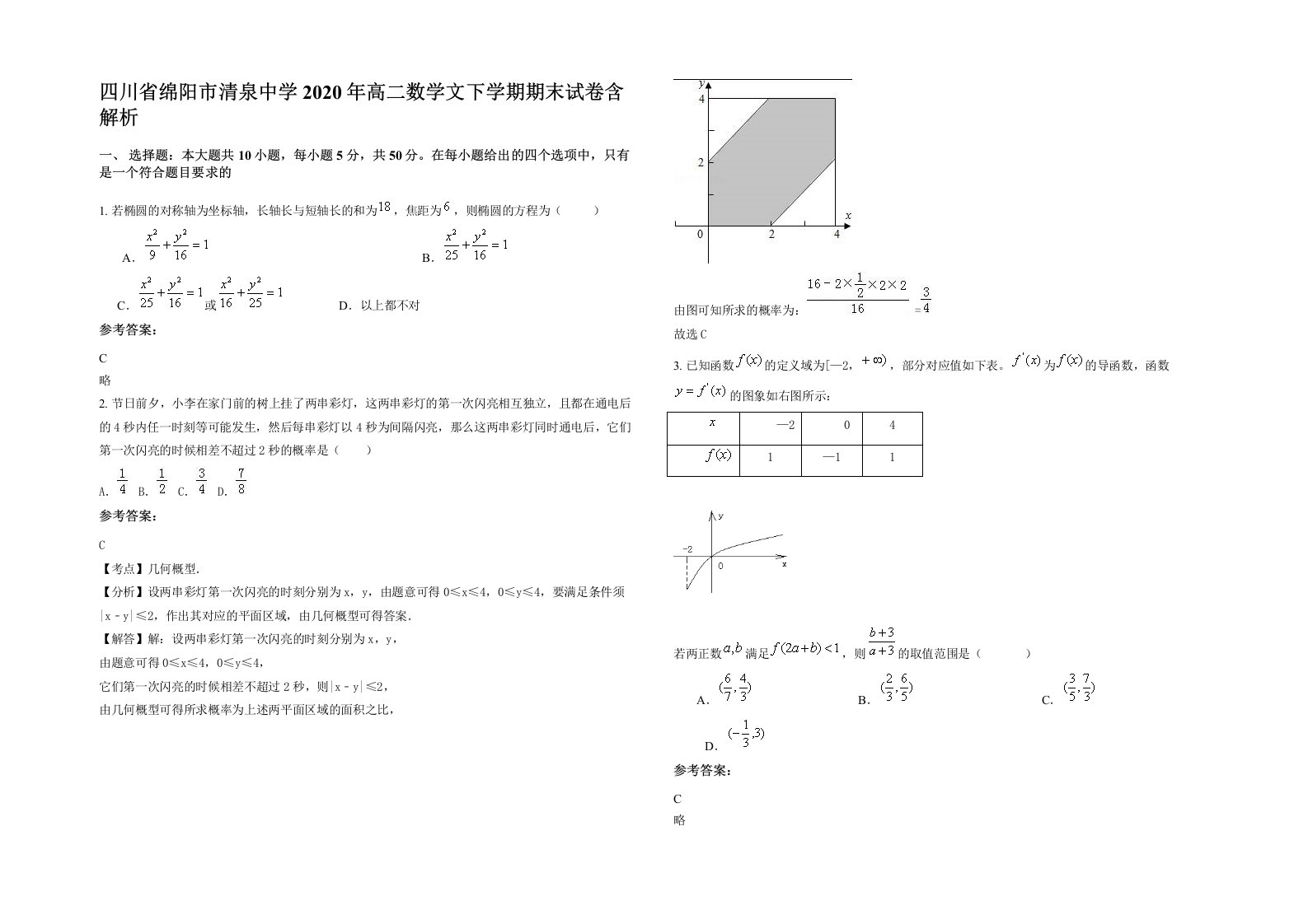 四川省绵阳市清泉中学2020年高二数学文下学期期末试卷含解析