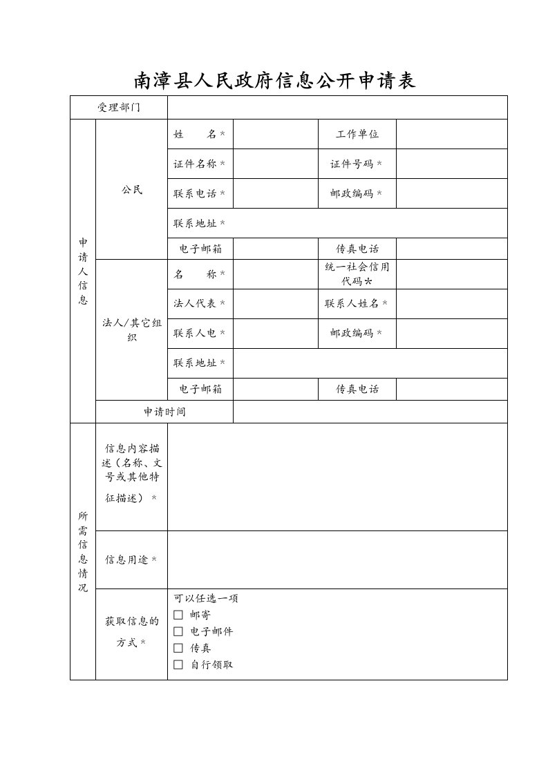 南漳县人民政府信息公开申请表